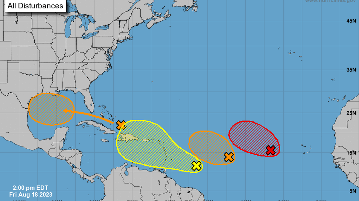 The National Hurricane Center was tracking four disturbances in the Atlantic Ocean on Friday, Aug. 18, 2023. The shaded areas indicate areas of possible development with their respective probabilities.