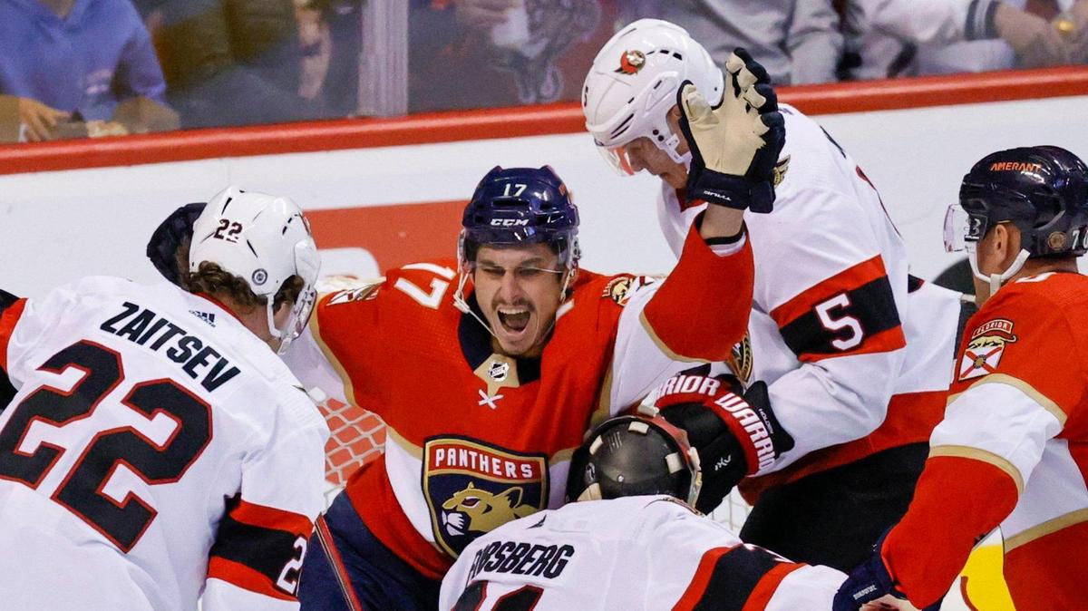 Florida Panthers left wing Mason Marchment (17) reacts after scoring a power play goal during the first period of an NHL game against the Ottawa Senators at the FLA Live Arena on Thursday, March 3, 2022 in Sunrise, Fl.