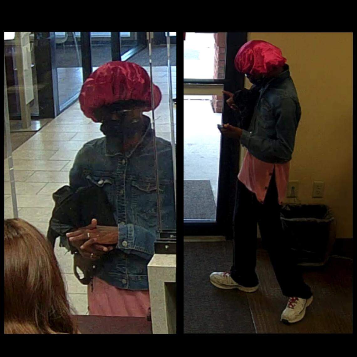 The accused bank robber wore women’s clothes, a wedding band and carried a purse, photos show.