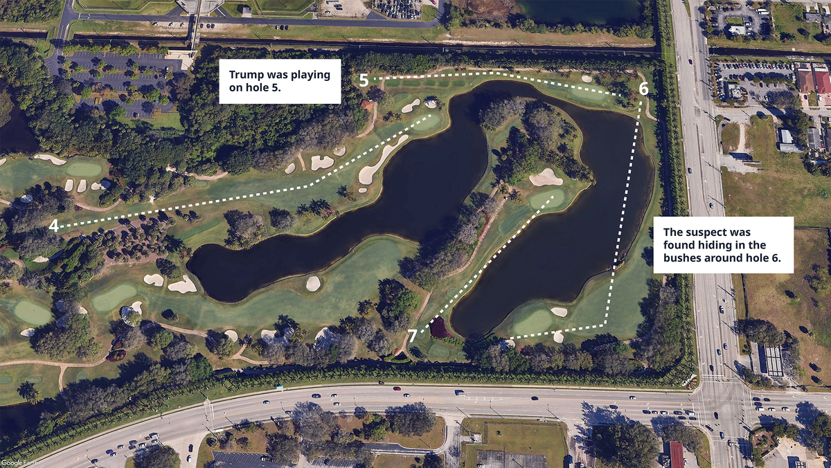 Donald Trump, who was running for the presidency, was playing at Hole 5 at the Trump International Golf Club course in West Palm Beach on Sept. 15, 2024, when a Secret Service agent spotted an assault rifle sticking out from the bushes near Hole 6.