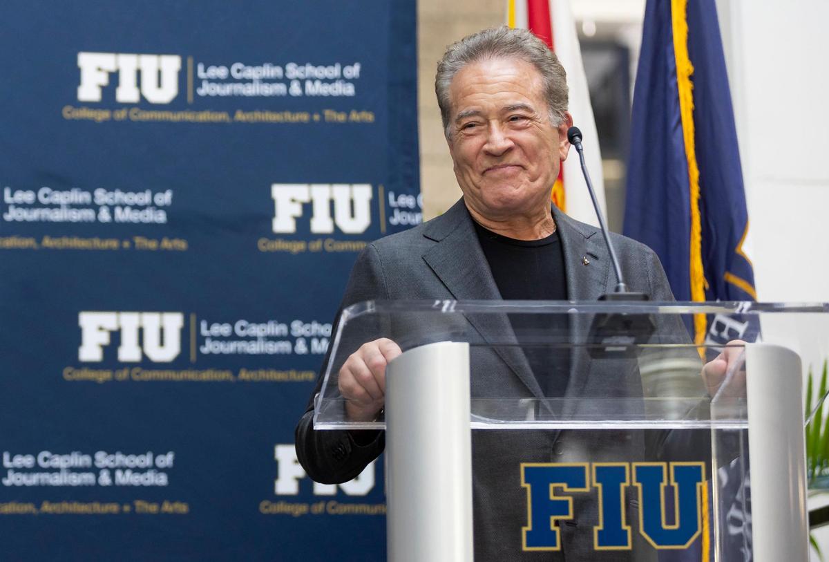 Lee Caplin speaks during a ribbon-cutting ceremony at FIU’s Biscayne Bay Campus on Friday, Nov. 17, 2023, in North Miami, Fla. The ceremony was held to officially unveil the Lee Caplin School of Journalism & Media, the iSTAR Volumetric Capture Studio and the Sam Moore: The Legendary Soul Man Theatre.
