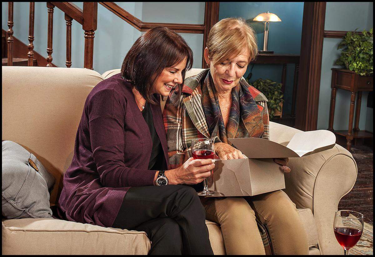 Erika Scotti, left, and Barbara Sloan play the mothers of prep school students in Joshua Harmon’s “Admissions” at GableStage.