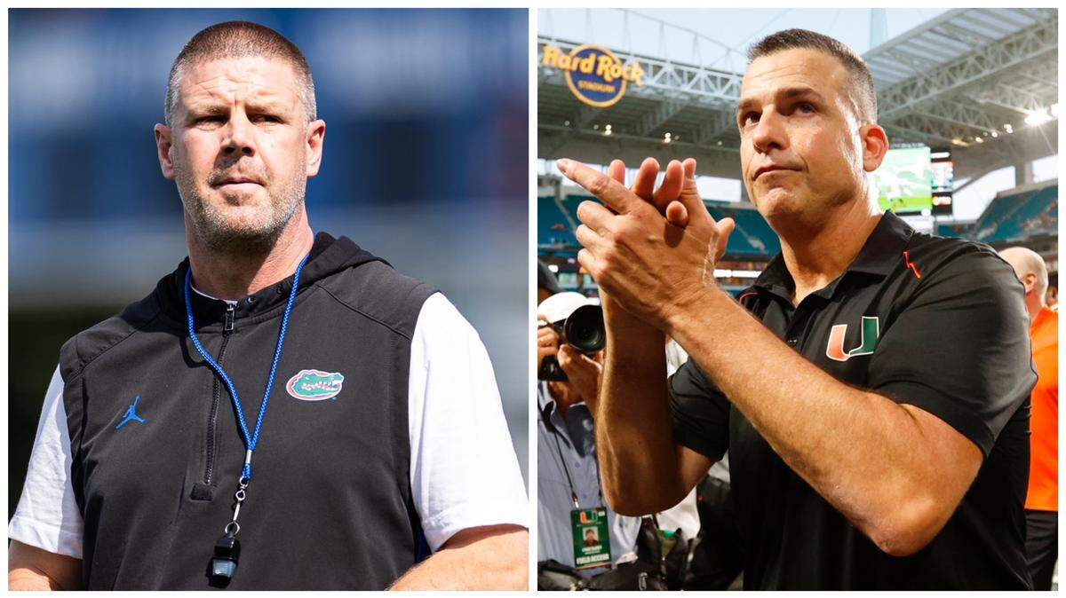 Florida coach Billy Napier (left) and Miami coach Mario Cristobal (right) overlapped on Nick Saban’s coaching staff at Alabama for four years, from 2013-2016.