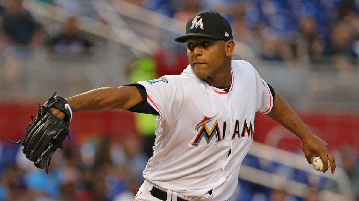 Miami Marlins pitcher Jarlin Garcia pitches during the second inning of a Major League Baseball game against the New York Mets at Marlins Park on Wednesday, April 11, 2018. The Mets won, 4-1.