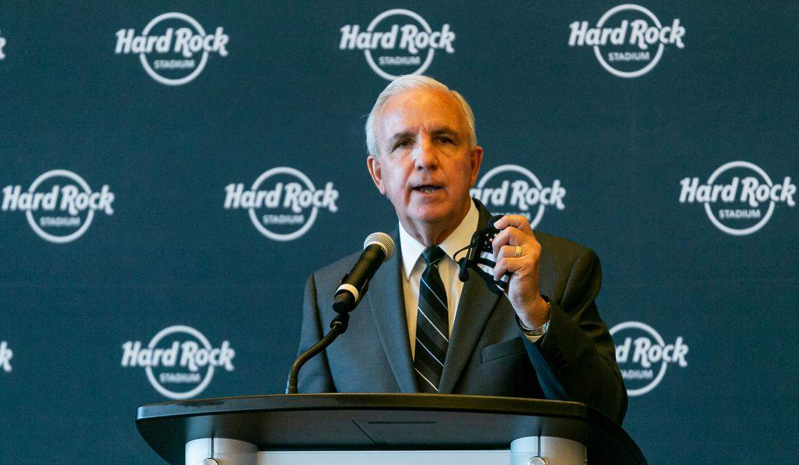 Miami-Dade County Mayor Carlos Gimenez speaks during a press conference at the Hard Rock Stadium in Miami Gardens, Florida on Monday, August 24, 2020. The press conference announced that up to 13,000 fans would be allowed to return to the Hard Rock Stadium for Miami Dolphins and Hurricanes home openers.