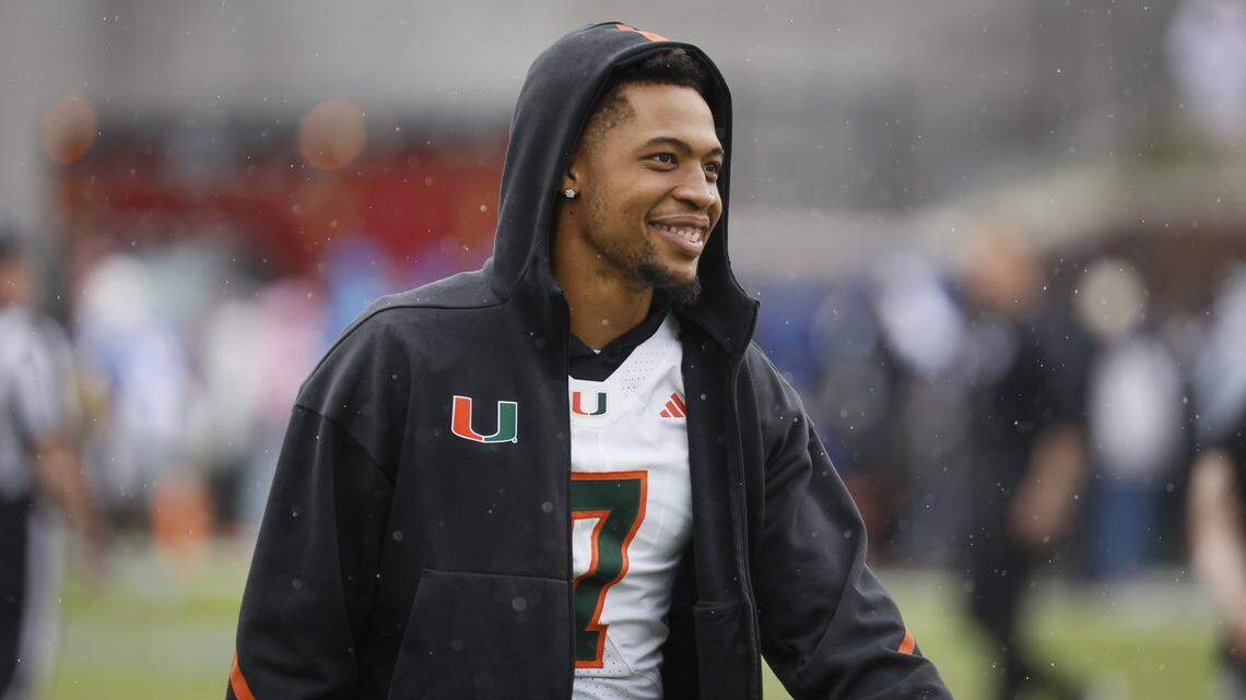 Miami Hurricanes wide receiver CJ Daniels (7) on the field before the start of an NCAA football game against the Southern Methodist University Mustangs at Gerald Ford Stadium on Saturday, November 1, 2025, in Dallas, Texas.