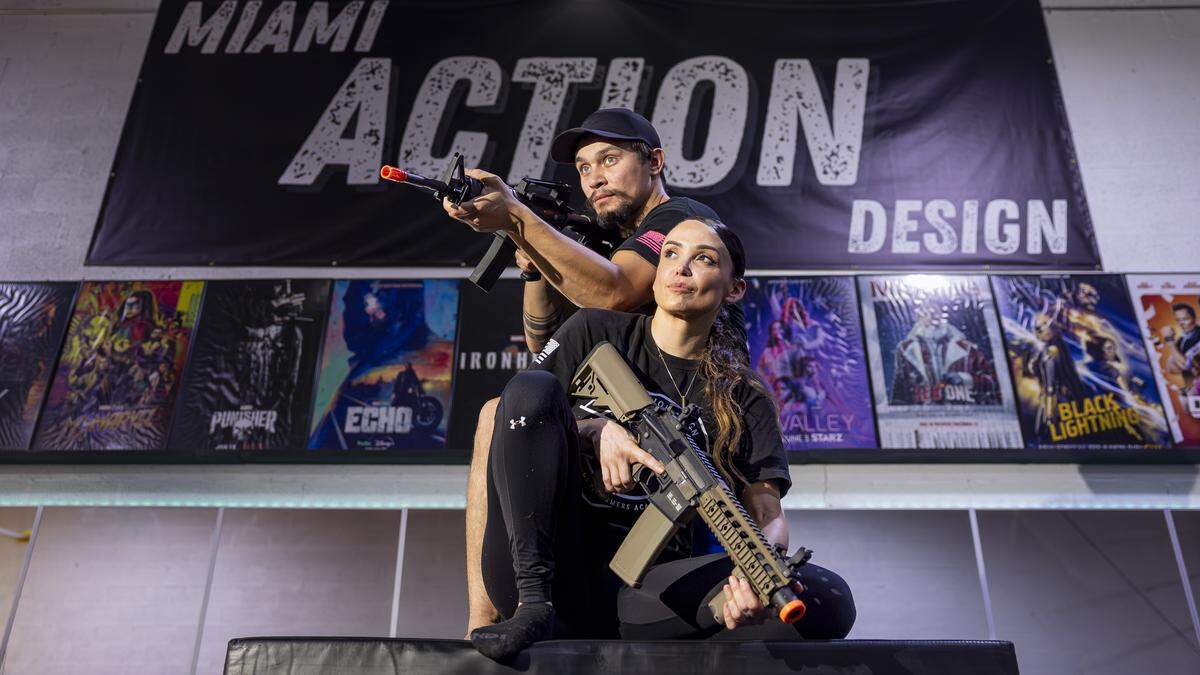 Miami Action Design co-owners Yessenia Cossio, 35, and Christopher Bogdanski Shore, 31, are photographed at their gym on Tuesday, Aug. 12, 2025, in Miami, Fla. Miami Action Design is the first stunt gym in Miami-Dade County and offers classes that teach members how to become stunt performers for movies and television.
