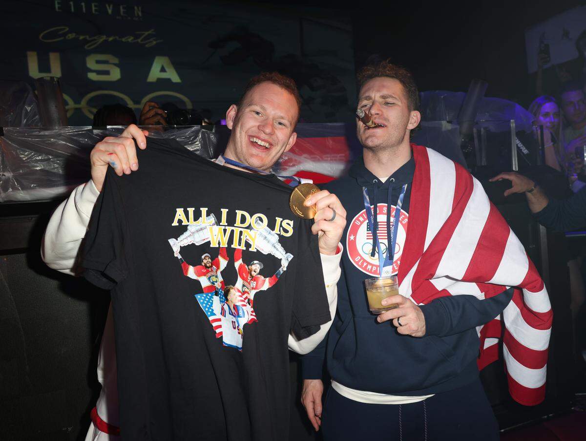 MIAMI, FLORIDA - FEBRUARY 23: Brady Tkachuk and Matthew Tkachuk attends a celebration of the USA Men's Hockey Team's Olympic Gold at E11EVEN Miami on February 23, 2026 in Miami, Florida.  (Photo by Alexander Tamargo/Getty Images for E11EVEN Miami)
