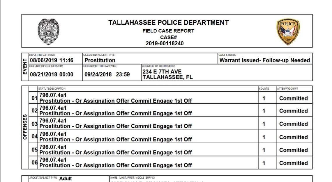 One of more than 100 arrest forms in the Tallahassee Police Department’s human trafficking and sex crimes “Stolen Innocence” investigation that ran from November 2018 to November 2020.