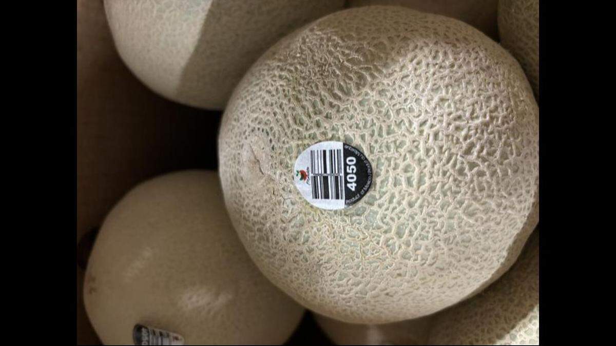 Cantaloupes with the Malichita brand tag.