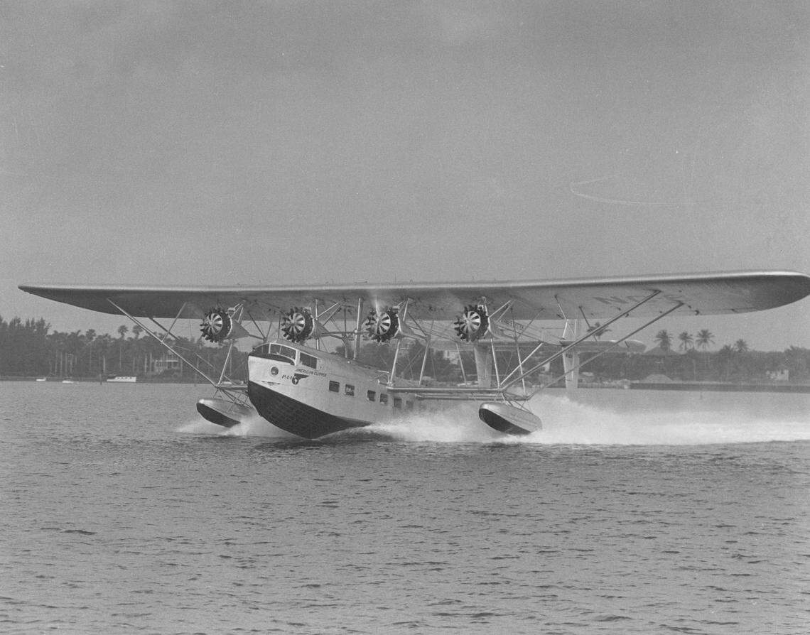The American Clipper takes off from Dinner Key on its long journey to Rio de Janeiro. The flying Clipper ships were a familiar figure to the many thousands of tourists, and Miami residents, who converged daily at the old Dinner Key base to see their arrival from South America.