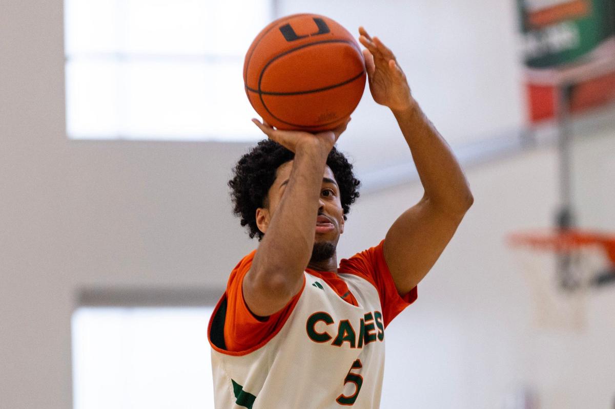 Miami Hurricanes guard Jalen Blackmon (5) shoots the ball during practice at Watsco Center on Thursday, September 26, 2024, in Coral Gables, Fla.