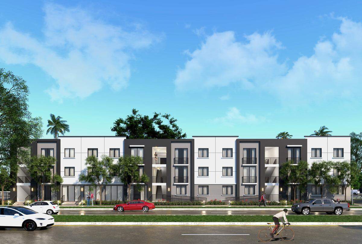 An architectural rendering shows a street view of the planned 112-unit Beacon Hill at Princeton workforce housing development, the first in Miami-Dade County conceived and designed to take advantage of Florida’s Live Local Act to break ground.