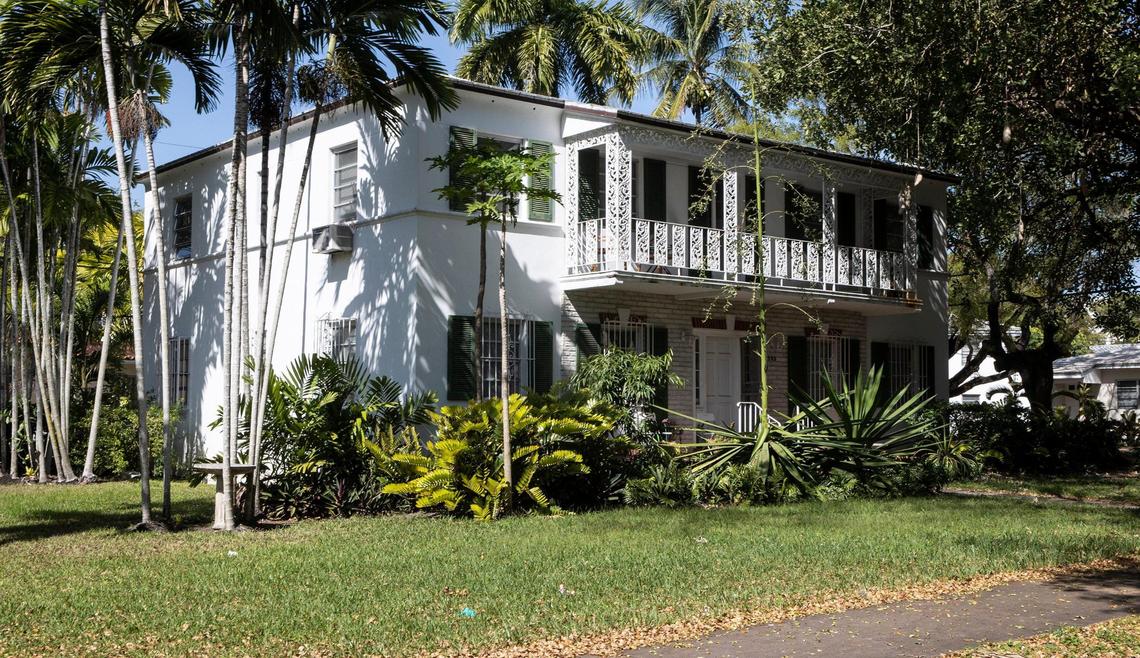 One of 13 affordable, older small apartment buildings and duplexes on a Coral Gables city block that will be torn down to make way for a luxury residential development. Dozens of residents in 52 apartments will be displaced. The block is bounded by Malaga Avenue and Santander Avenue to the north and south, and Segovia Street and Hernando Street on the west and east.