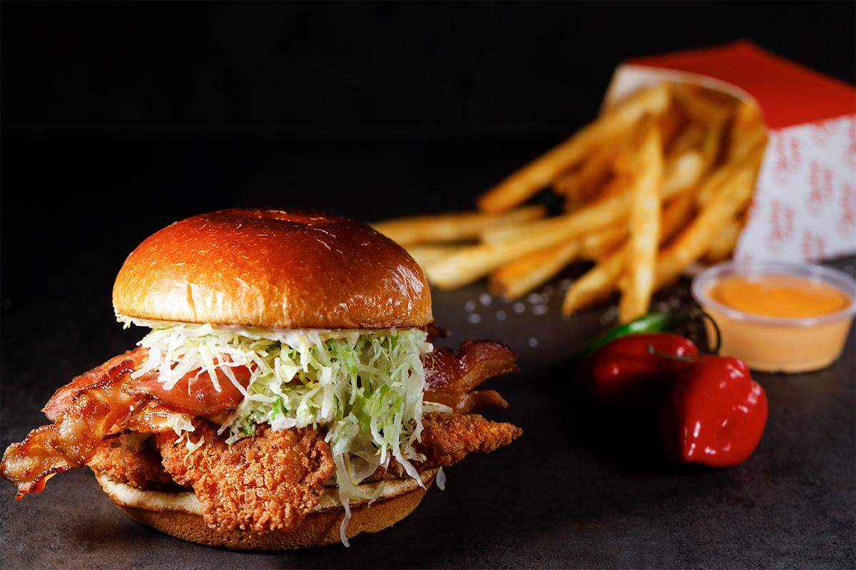 The Big Blat crispy chicken sandwich at Guy Fieri’s new Chicken Guy! which will open in Aventura Mall in Spring 2019.
