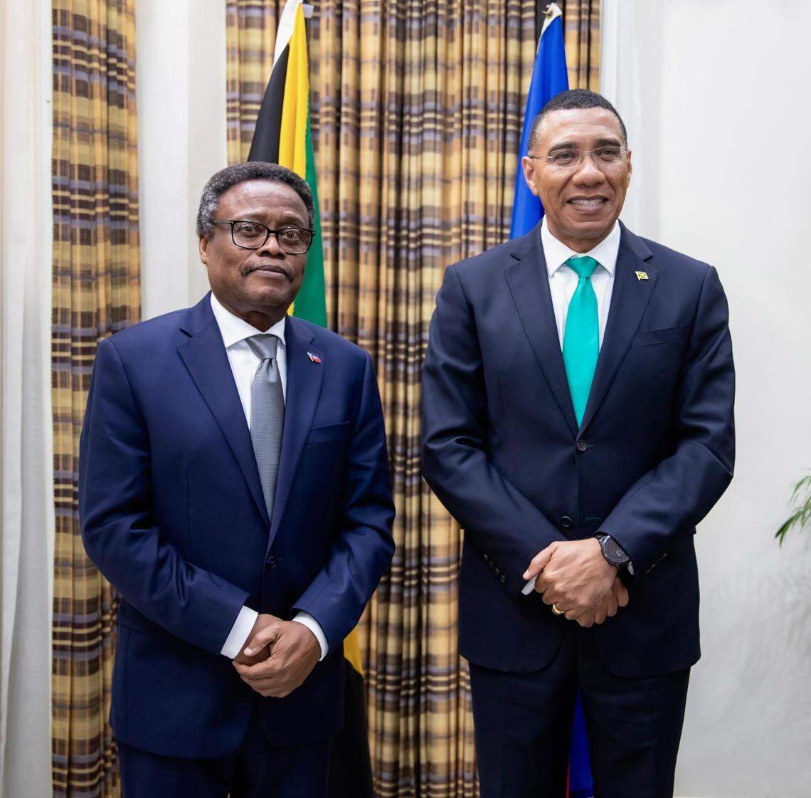 Fritz Alphonse, head of Haiti’s Transitional Presidential Council, meets with Jamaica Prime Minister Andrew Holness during a meeting between Caribbean leaders and U.S. Secretary of State Marco Rubio in Kingston, Jamaica on Wednesday, March 26, 2025.