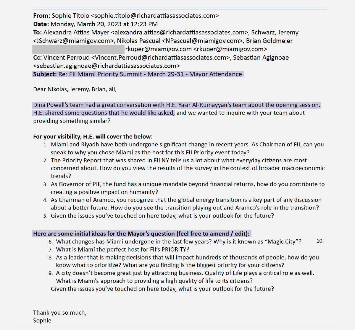 An email from the office of Richard Attias,&nbsp;CEO of the Future Investment Initiative Institute, to Suarez’s staff members and campaign consultant. 