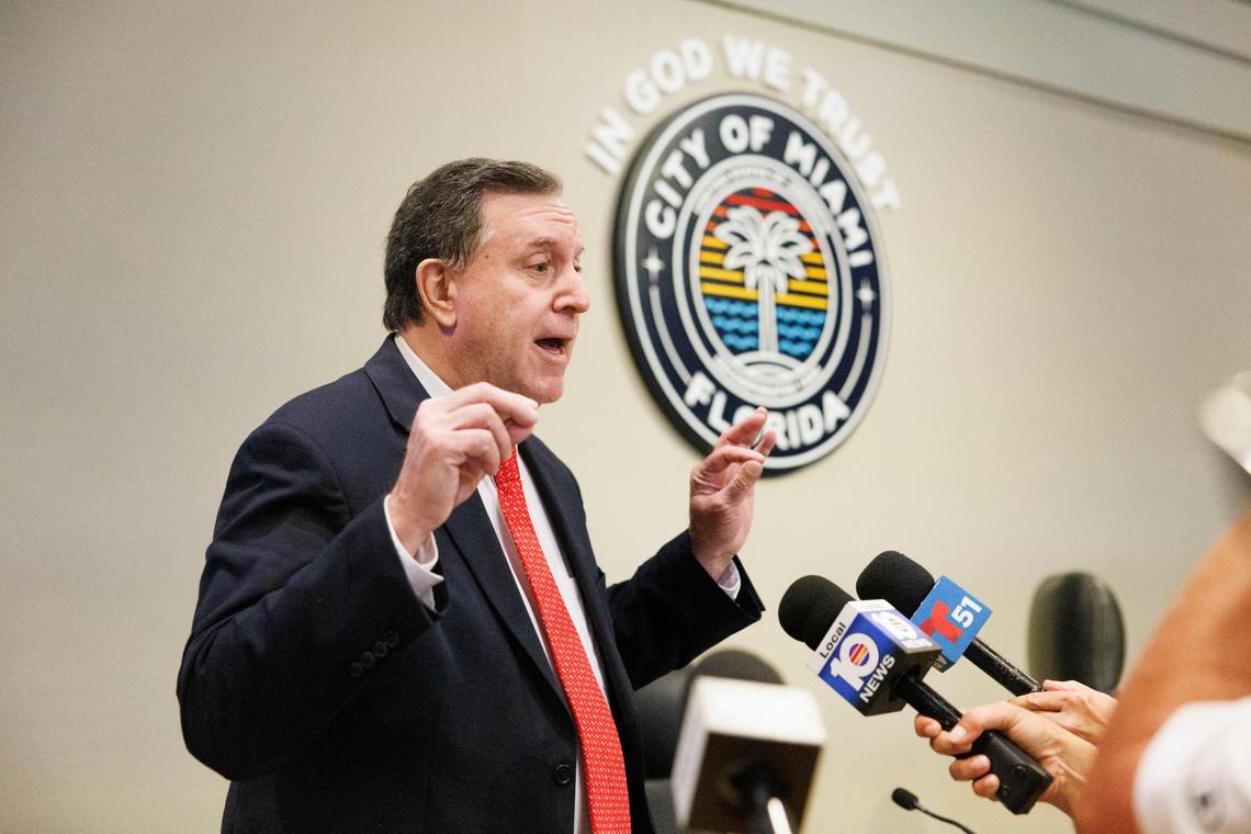 Vice Chairman Joe Carollo speaks to the press during a lunch break of the Miami City Commission meeting on Thursday, July 10, 2025, at Miami City Hall in Coconut Grove.