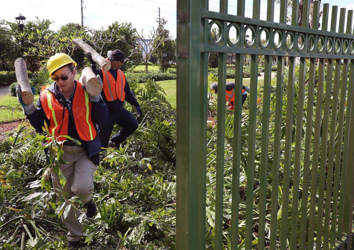 City of Hialeah workers remove downed trees and branches while the neighborhood recovers from a tornado touching down near the Garden of the Arts park in Hialeah, Florida on Monday, Jan. 28, 2019.