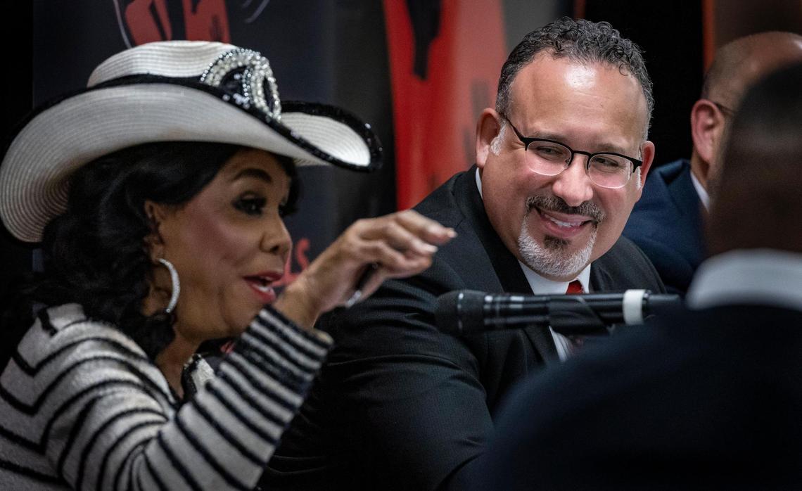 Miami, Florida - May 4, 2023 - U.S. Secretary of Education Miguel Cardona , right, listens to Rep. Frederica Wilson, a Democrat who represents Miami Gardens, during a roundtable discussion held at Dr. Frederica S. Wilson / Skyway Elementary School in Miami Gardens. The event promoted the 5,000 Role Models mentorship program in Miami-Dade public schools.