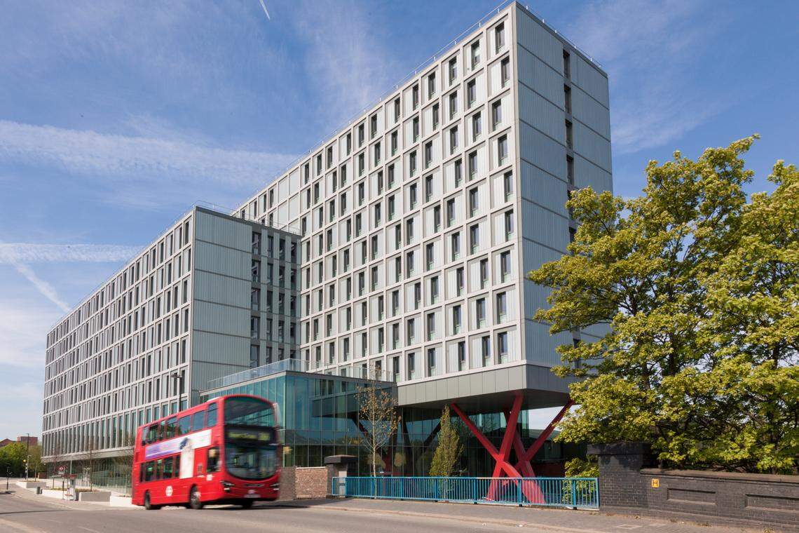 The exterior of The Collective Old Oak co-working, co-living space in London, one of several buildings the developer owns and operates in the U.K. and Europe.