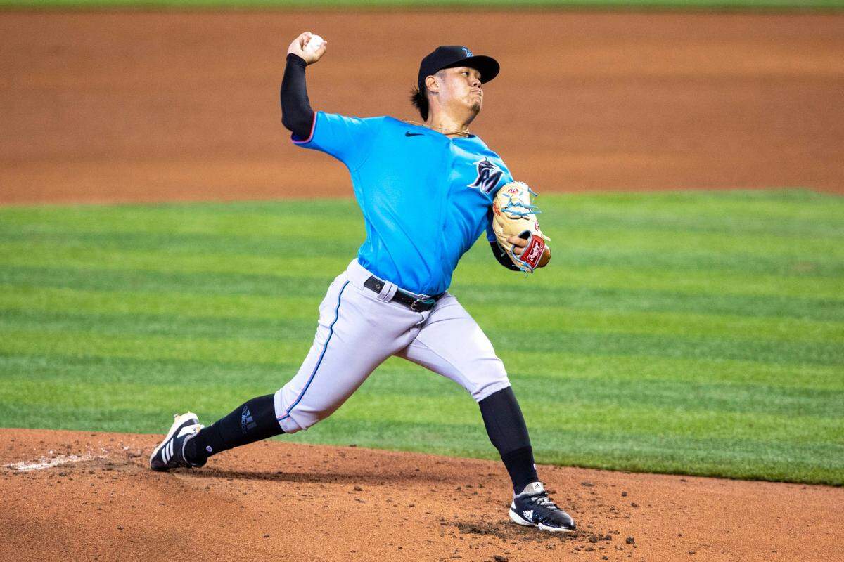 Marlins right-handed pitcher Jordan Yamamoto pitches the ball during a intra squad simulated game at Marlins Park in Miami, Florida on Sunday, July 12, 2020.