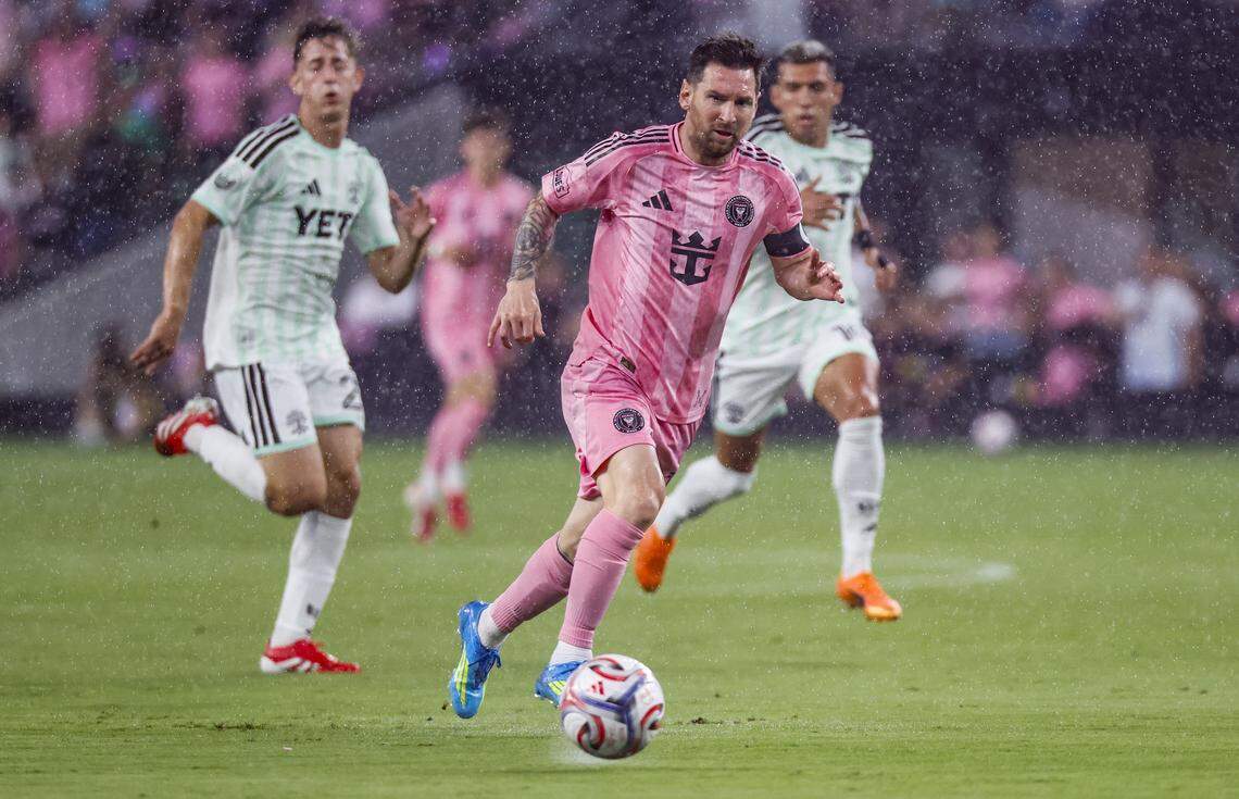Inter Miami CF forward Lionel Messi (10) kicks the ball during  the MLS match against Austin FC at Nu Stadium in Miami Freedom Park on Saturday, April 4, 2026, in Miami, Florida.