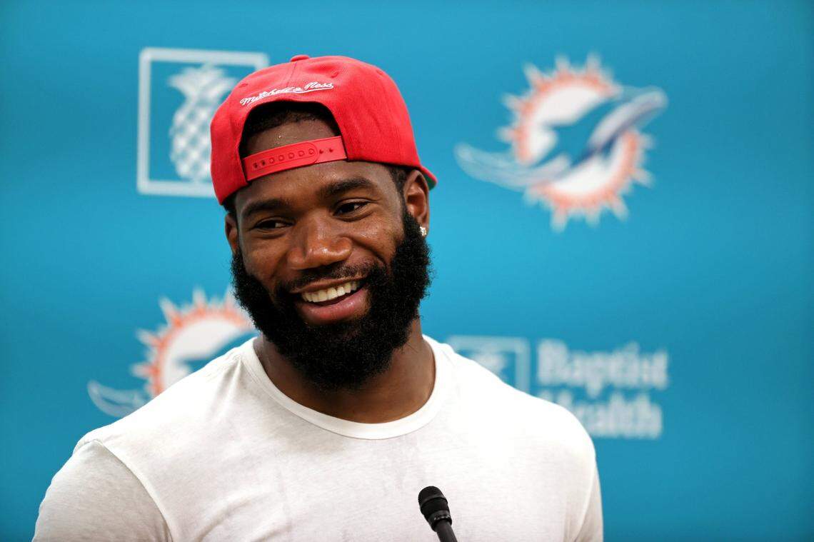 Miami Dolphins cornerback Xavien Howard (25) talks with the media after practice at Baptist Health Training Complex in Hard Rock Stadium on Wednesday, September 15, 2021 in Miami Gardens, Florida, in preparation for their home opener game against the Buffalo Bills at Hard Rock Stadium, on Sunday, September 19.