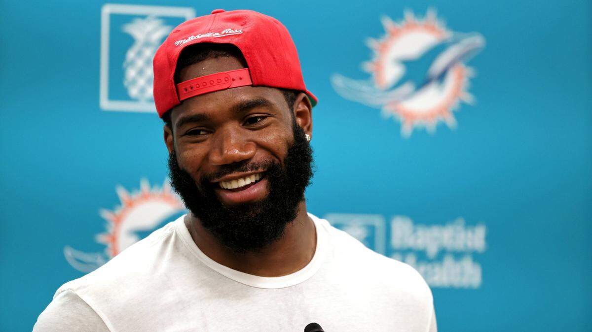Miami Dolphins cornerback Xavien Howard (25) talks with the media after practice at Baptist Health Training Complex in Hard Rock Stadium on Wednesday, September 15, 2021 in Miami Gardens, Florida, in preparation for their home opener game against the Buffalo Bills at Hard Rock Stadium, on Sunday, September 19.