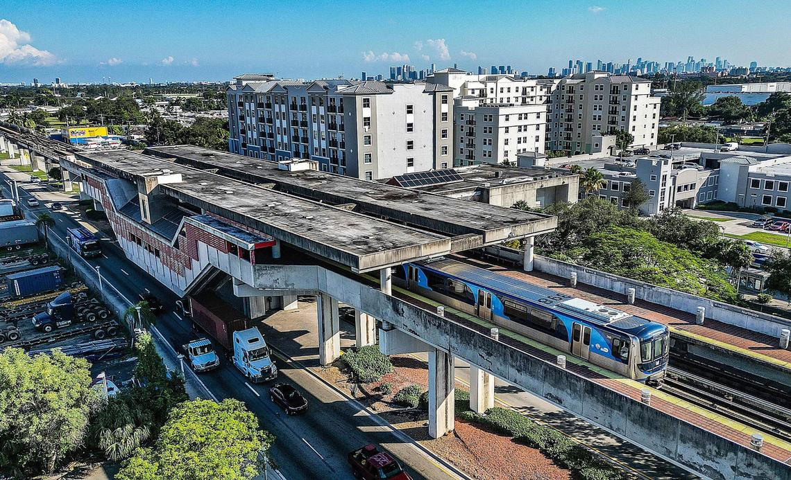 A train leaves the Northside Metrorail Station on Northwest 79th Street.