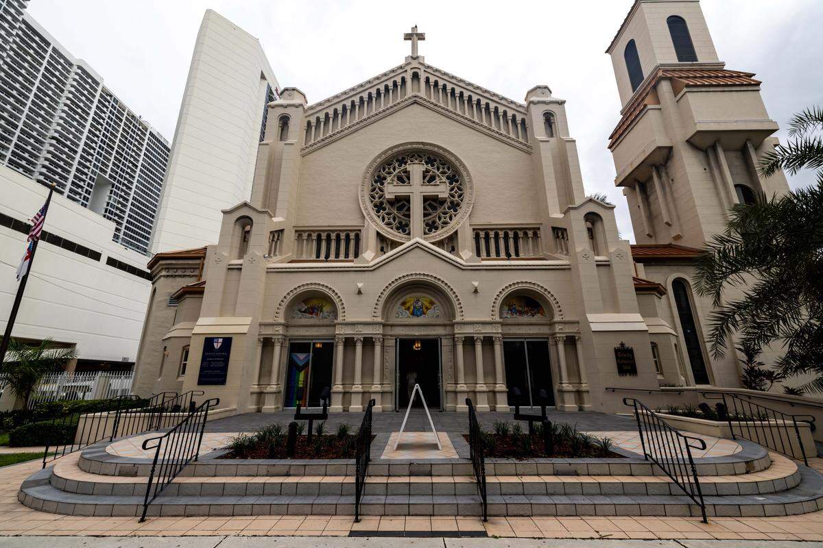 An exterior shot of Trinity Episcopal Cathedral before the start of Vox Dei, a new service of Holy Eucharist, on Sunday, September 7, 2025, in Miami, Fla. Trinity Episcopal Cathedral is celebrating the centennial anniversary of the church.