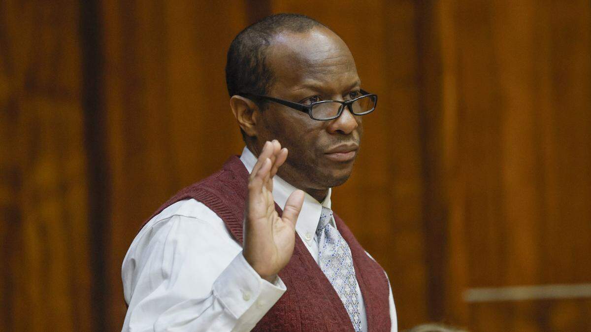 Dennis Labrant in Judge Marisa Tinkler Mendez at the Richard E. Gerstein Justice Building, courtroom 4-1 in Miami, Florida, on Thursday, October 9, 2025. He was convicted for the murders of Marlin Barnes and his friend Timwanika Lumpkins in a jealous rage in Miami.
