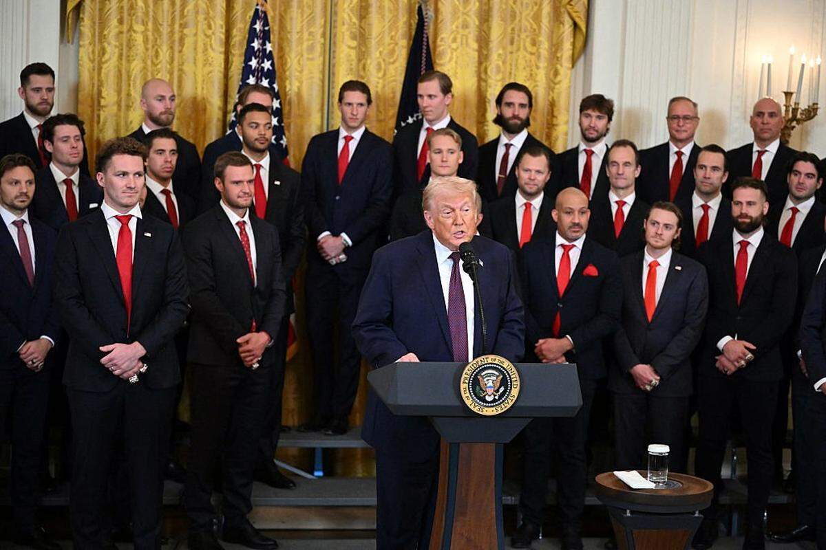 US President Donald Trump speaks during a ceremony to congratulate the Florida Panthers of the National Hockey League, winners of the 2025 Stanley Cup, in the East Room of the White House in Washington, DC on January 15, 2026. (Photo by Mandel NGAN / AFP via Getty Images)