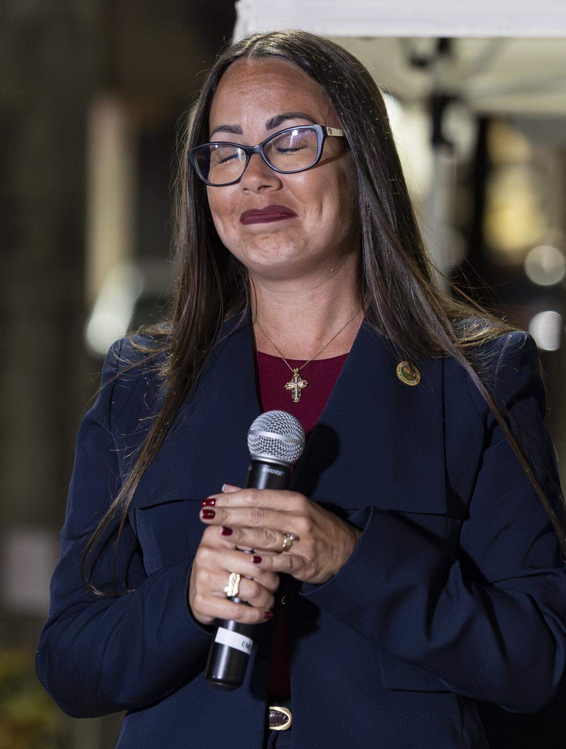Interim Mayor Jackie Garcia-Roves gives a concession speech at her election night party at her campaign headquarters after losing the Hialeah mayoral race to Bryan Calvo on Tuesday, Nov. 4, 2025, in Hialeah, Fla.