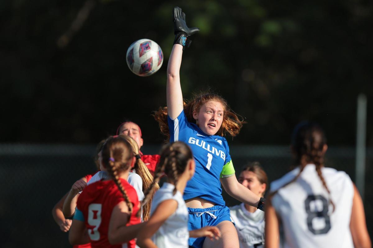 Gulliver Prep goalkeeper Ana Levy Armesto (1) clears the ball from the box against the MAST Academy during the first half of a girls soccer playoff game at MAST Academy in Miami, Florida, Tuesday, February 11, 2025.