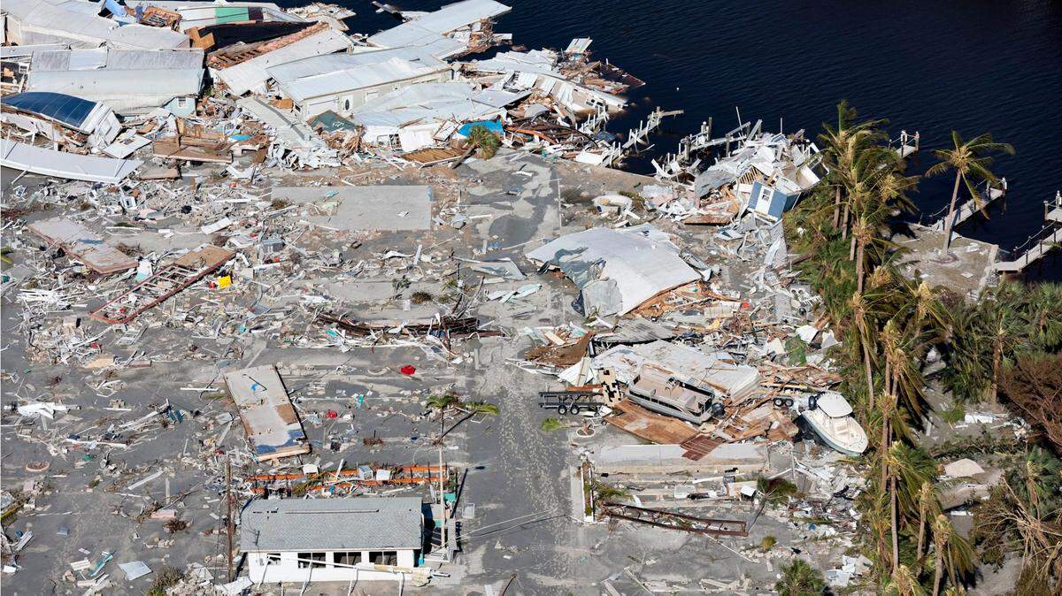 An aerial view of a marina damaged by Hurricane Ian near Barefoot Beach on Thursday, September 29, 2022.