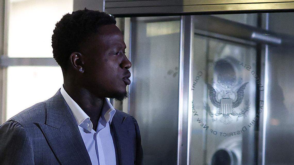 NBA player Terry Rozier departs after his arraignment hearing at Brooklyn Federal Court on charges tied to illegal sports betting and poker game schemes on December 8, 2025 in New York City.