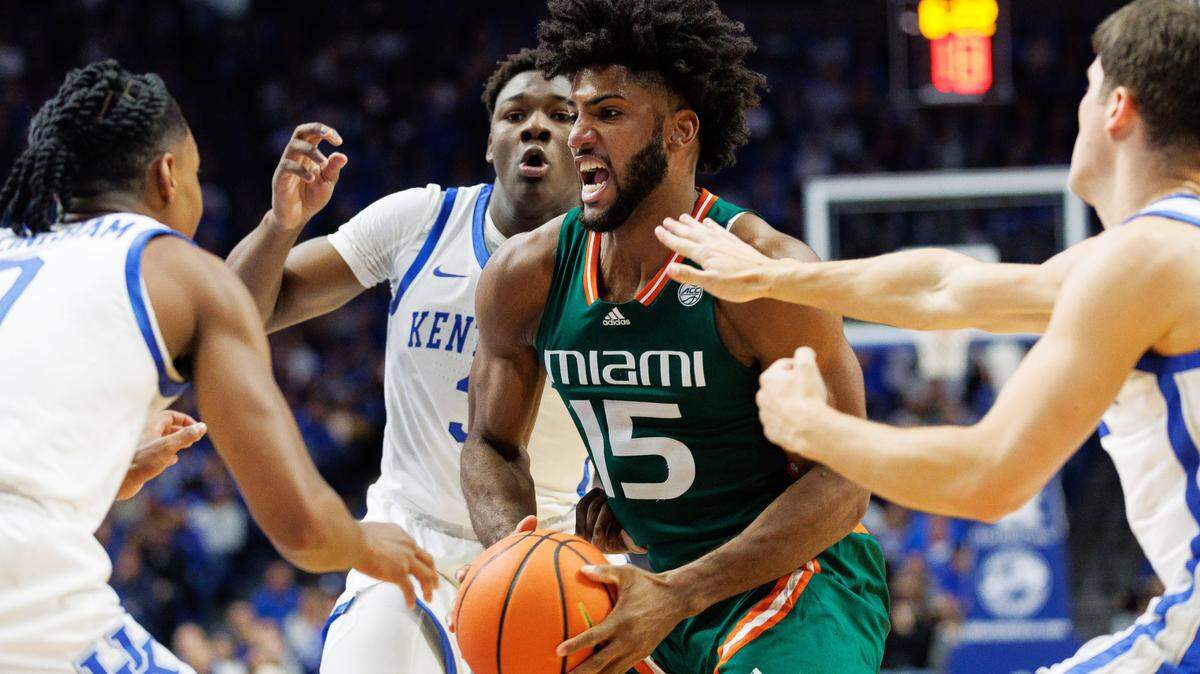Nov 28, 2023; Lexington, Kentucky, USA; Miami (Fl) Hurricanes forward Norchad Omier (15) drives to the basket during the first half against the Kentucky Wildcats at Rupp Arena at Central Bank Center. Mandatory Credit: Jordan Prather-USA TODAY Sports