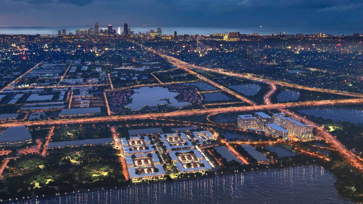 A rendering in January 2025 shows the location of Upland Park, a self-contained community of 2,000 apartments, offices, shops, a hotel and a school planned for two separate, publicly owned properties at the intersection of the Florida Turnpike and State Road 836 in Sweetwater in west Miami-Dade County. The portion at bottom right is the site of the Dolphin Station park and ride.