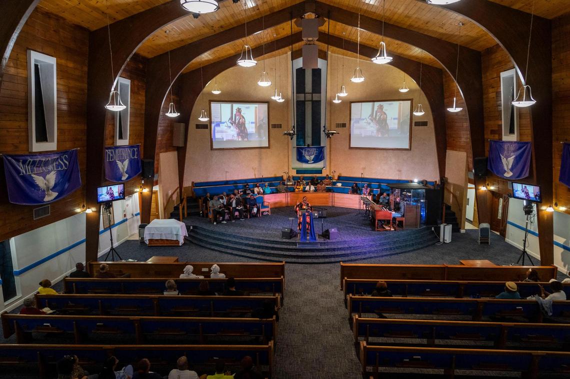 Miami, Florida, February 27, 2024- Dr. Sabrina Hurst delivers her sermon to members of the New Shiloh Missionary Baptist Church during a Tuesday Mid-week Service.