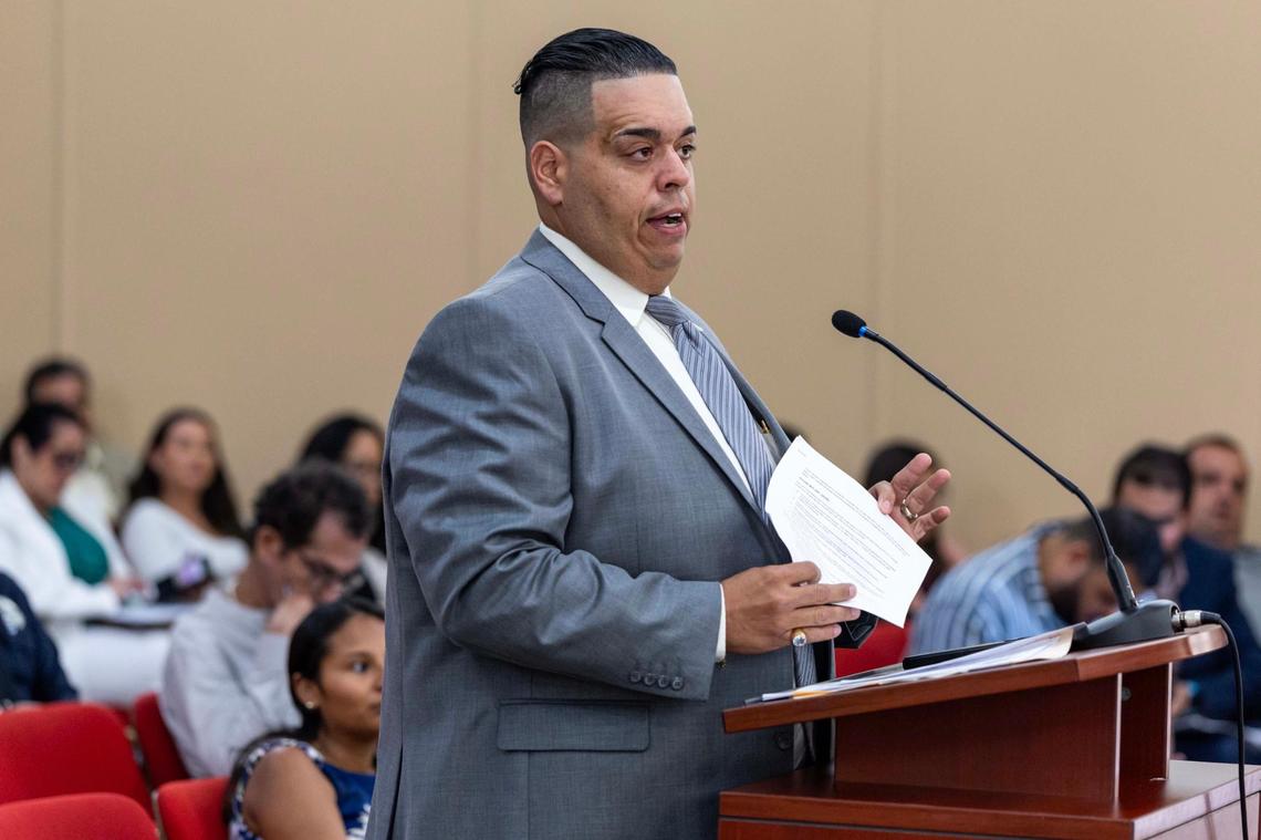 Juan Santana speaks during a Hialeah City Council meeting Tuesday.