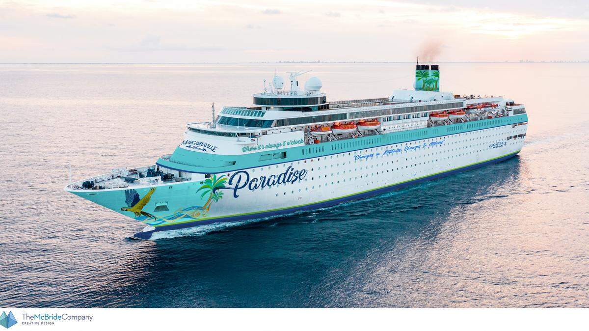 This is a rendering of the Margaritaville Paradise cruise ship, which is slated for its first voyage from Port of Palm Beach to the Bahamas in April 2022.