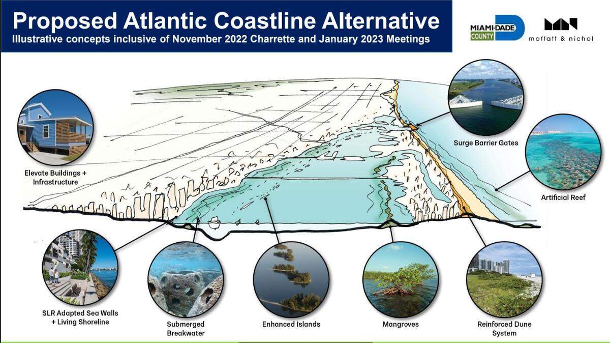 This illustration shows some of the nature-based solutions Miami-Dade is hoping the Army Corps of Engineers will fund to protect the county’s shoreline from stronger storms and rising seas.