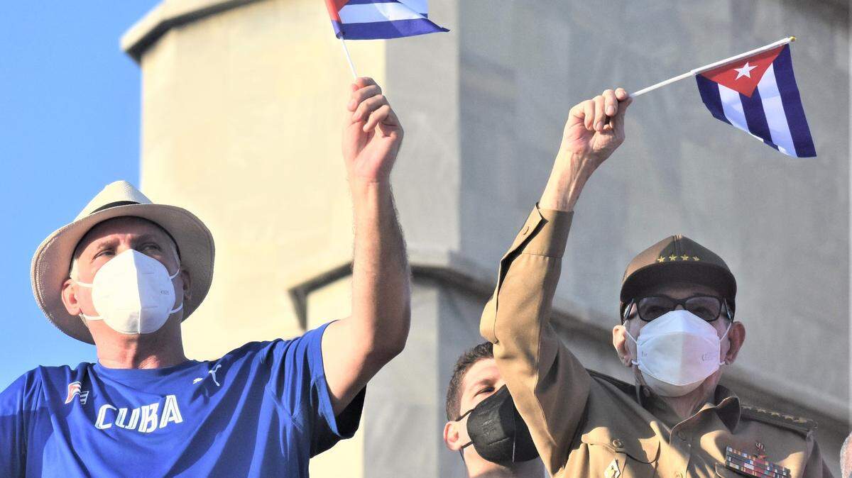 On May 1, 2022, Raul Castro, right, and Cuban President Miguel Diaz-Canel participate in the May Day parade at in Revolution Square in Havana.