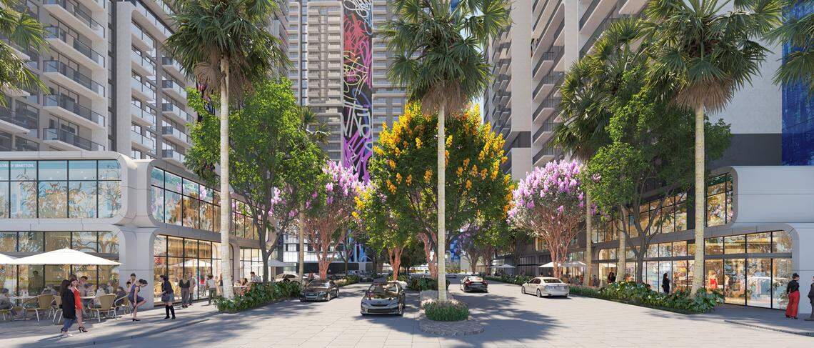 An architectural rendering depicts the entrance to the planned HueHub, an $880 million development that will bring 4,000 apartments to Miami-Dade County’s West Little River area. Developer Pablo Castro is setting aside 3,000 apartments at unusually low rents for first responders and teachers.
