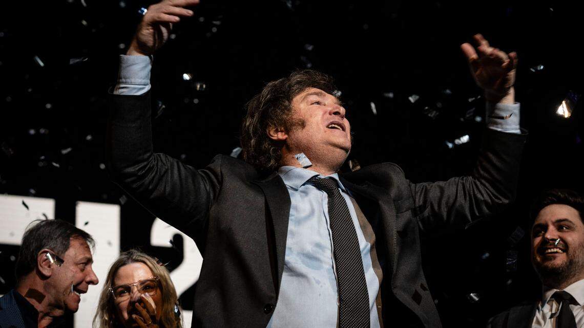 Javier Milei seen celebrating after the campaign closing event. Javier Milei in his campaign closing ceremony, just before being elected President of the Argentine Republic. Today marks the first anniversary of his electoral triumph. (Photo by Santiago Oroz / SOPA Images/Sipa USA)