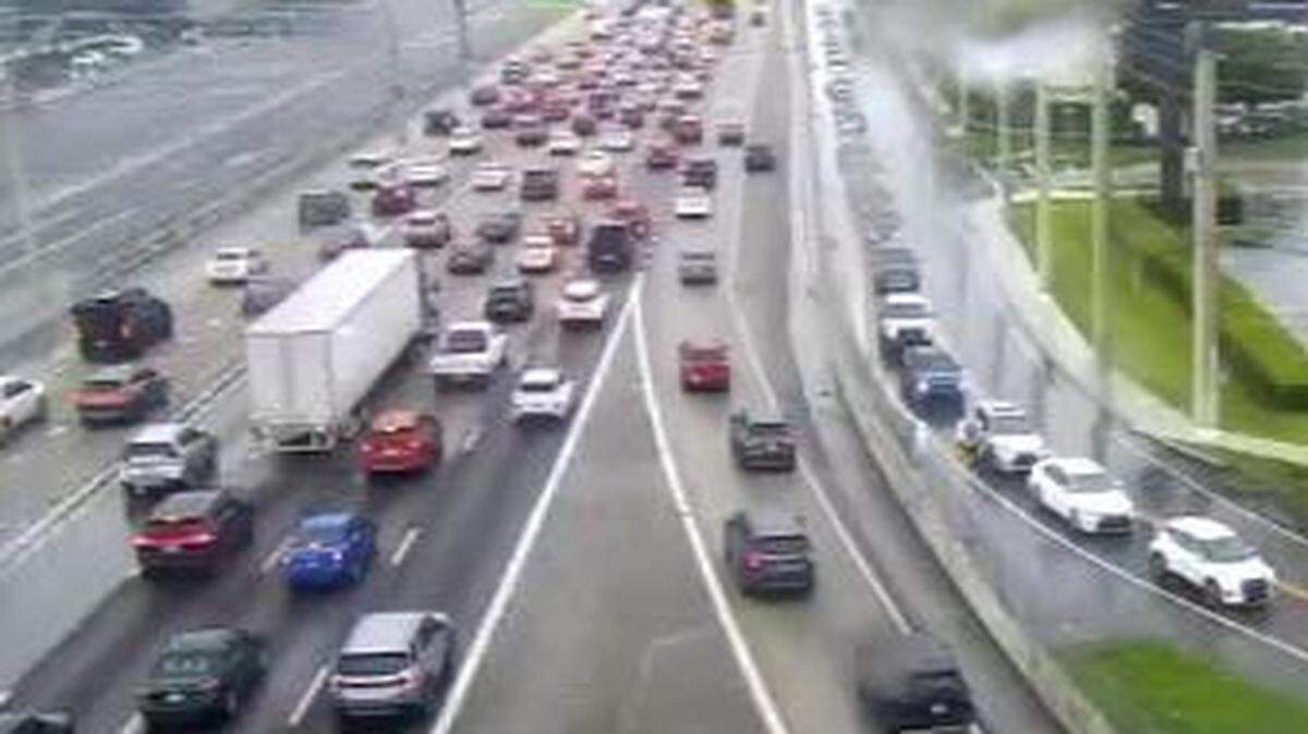 Traffic is backed up in the southbound lanes of the Palmetto Expressway because of a serious car crash Wednesday, Sept. 17, 2025.