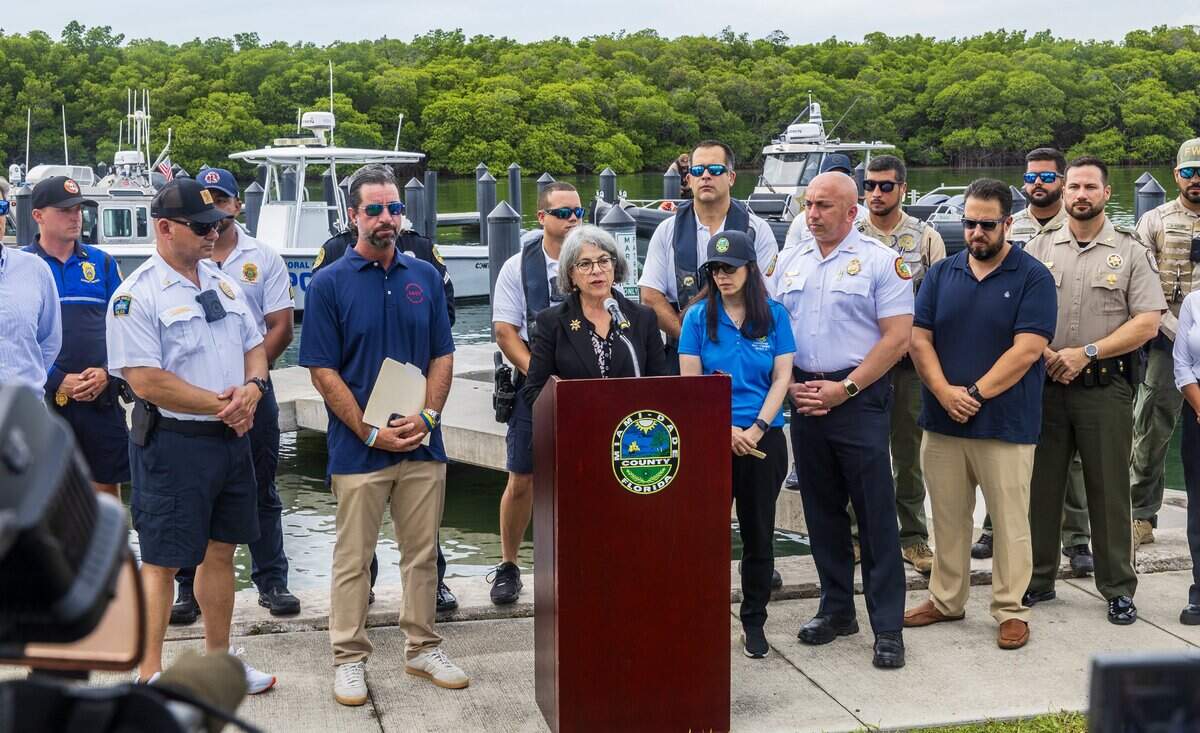 Miami-Dade County Mayor Daniella Levine Cava speaks during a press conference with members of the Miami-Dade Board of County Commissioners and members of the Boater Safety Task Force, including Andres Fernandez, the father of Luciana Fernandez, who died in a boat crash in 2022, to call on the community to celebrate the July 4th holiday by staying safe on the water at Crandon Park Marina in Key Biscayne, on Thursday, July 02, 2026.