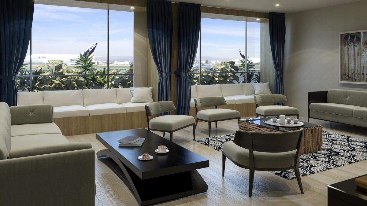 This undated artist rendering provided by The Private Suite at LAX shows a private lounge at a new $22 million facility catering to celebrities and others who want to pay a premium for privacy as they depart from or arrive at Los Angeles International Airport. The facility called the Private Suite opened Monday, May 15, 2017, and offers an exclusive entrance, one-on-one security screening and plush lounges.