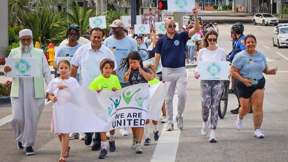 About 120 people participate in the Miami Unity March that brought together Miami's civic, faith, cultural, and nonprofit communities to reaffirm the importance of unity on Sunday, April 19, 2026, in Miami, Florida.